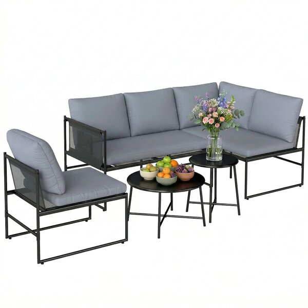 Outsunny 5-Piece Outdoor Lounge Set for 4–5 – Modular L-Shaped Sofa, Armless Chair, 2 Coffee Tables, Washable Cushions, Breathable Mesh Seats – Dark G