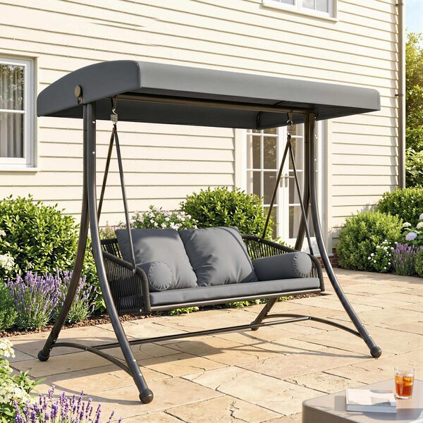 Outsunny ratanová houpačka Hollywood — 2místná zahradní lavice s nastavitelnou stříškou a polštáři, nosnost 240 kg, 178 × 120 × 172 cm | Aosom