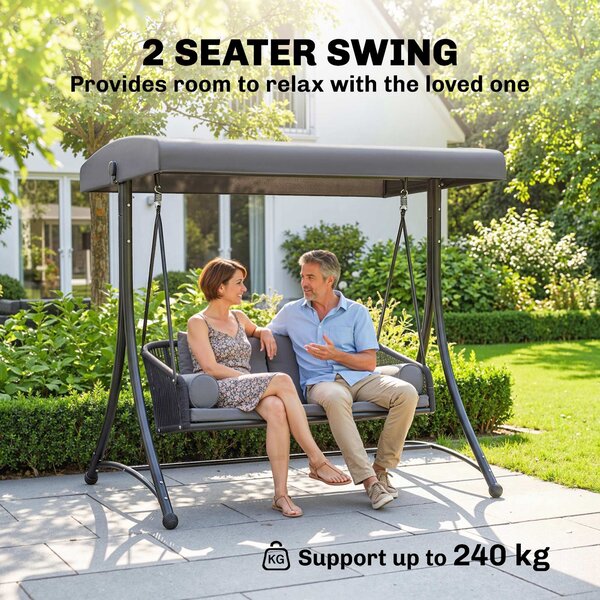 Outsunny ratanová houpačka Hollywood — 2místná zahradní lavice s nastavitelnou stříškou a polštáři, nosnost 240 kg, 178 × 120 × 172 cm | Aosom