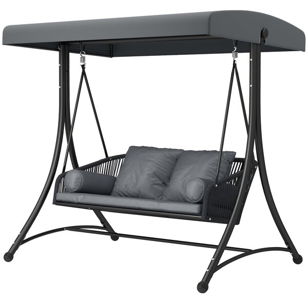 Outsunny ratanová houpačka Hollywood — 2místná zahradní lavice s nastavitelnou stříškou a polštáři, nosnost 240 kg, 178 × 120 × 172 cm | Aosom