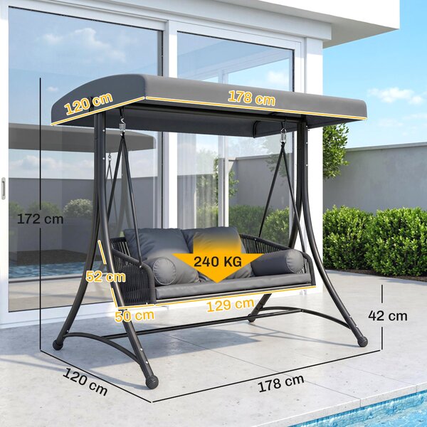 Outsunny ratanová houpačka Hollywood — 2místná zahradní lavice s nastavitelnou stříškou a polštáři, nosnost 240 kg, 178 × 120 × 172 cm | Aosom