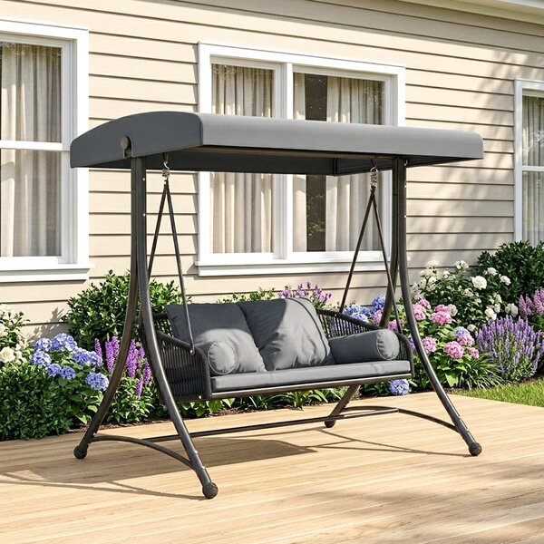 Outsunny ratanová houpačka Hollywood — 2místná zahradní lavice s nastavitelnou stříškou a polštáři, nosnost 240 kg, 178 × 120 × 172 cm | Aosom