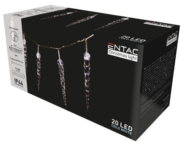 LED vánoční řetěz 3m, venkovní, 16cm rampouchy 20ks, studené světlo, časovač na baterie AA