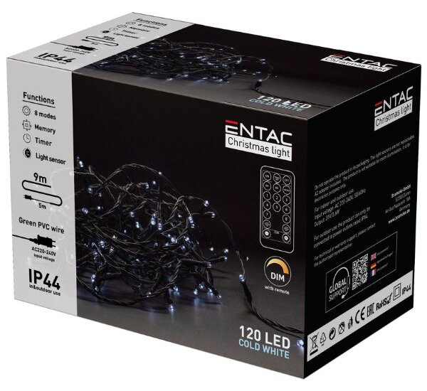 LED vánoční řetěz 9m, venkovní, studené světlo 120 LED, 3,6W, do zásuvky, dálkové ovládání