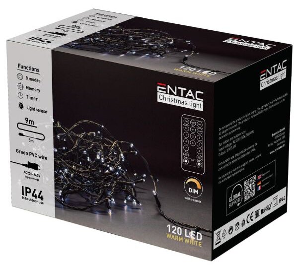 LED vánoční řetěz 9m, venkovní, teplé světlo, 120 LED, 3,6W, do zásuvky, dálkové ovládání