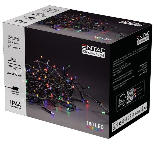 LED vánoční řetěz 14m, venkovní, vícebarevný, 180 LED, 3,6W, do zásuvky, 8 režimů