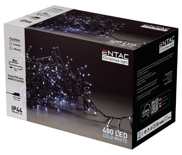 Hustý LED vánoční řetěz 8m, venkovní, studené světlo, 400 LED, 6W, do zásuvky, 8 režimů