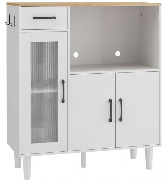 Komoda HOMCOM se zásuvkou, 2 dveřmi a otevřenou policí, žebrované akrylové dveře – bílá/dub, 80 × 34 × 91 cm | Aosom