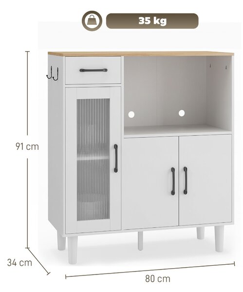 Komoda HOMCOM se zásuvkou, 2 dveřmi a otevřenou policí, žebrované akrylové dveře – bílá/dub, 80 × 34 × 91 cm | Aosom