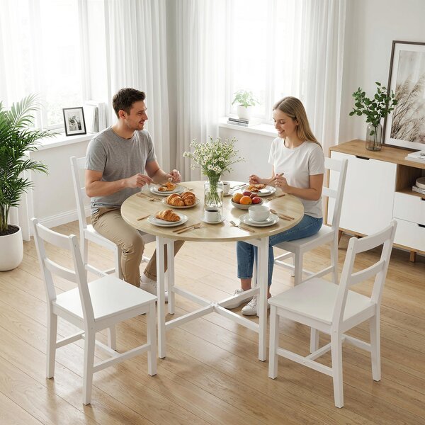 HOMCOM skládací kulatý jídelní stůl pro 2–4 osoby, úspora místa, sklopné desky, ocelový rám, dekor dřeva/bílá, 80 x 80 x 76 cm | Aosom