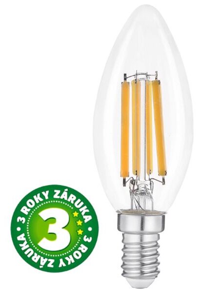 Prémiová retro LED žárovka svíčka E14 6,5W 806lm, denní, filament, ekv. 60W, 3 roky