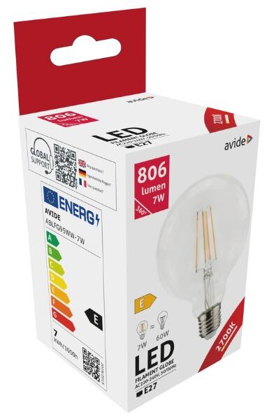 Prémiová retro LED žárovka E27 7W 806lm, průměr 95mm, teplá, filament, ekv. 60W, 3 roky
