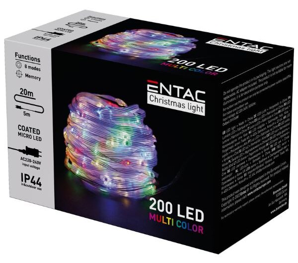 Nano LED vánoční řetěz 20m, venkovní, vícebarevný, 200 LED, 3,6W, do zásuvky, 8 režimů