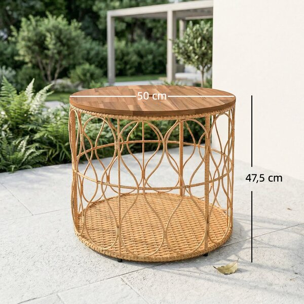 Outsunny kulatý venkovní stolek Ø50 cm s akáciovou deskou a ratanovým vzhledem, nastavitelné nožičky, nosnost 80 kg | Aosom