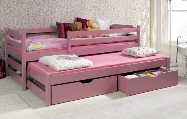 Dětská postel z masivu borovice MARTIN II s přistýlkou a šuplíky - 200x90 cm - růžová