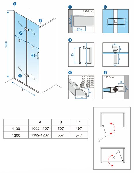 BPS-koupelny Zalamovací otočné sprchové dveře ZES KZ21E GL 110 zlatá/transparent pro instalaci do niky - bez vaničky
