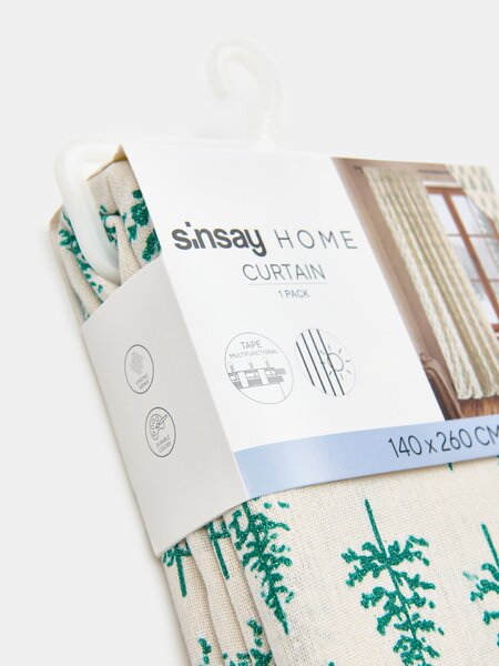 Sinsay - Záclona na řasící pásce s imitací lnu a třpytivým vzorem vánočních stromků - béžová