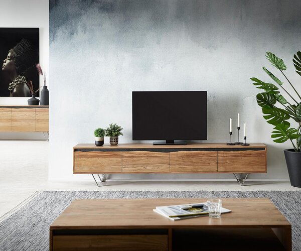 DELIFE TV stolek Stonegrace 220x35 cm akácie přírodní 4 dvířka s přírodní hranou