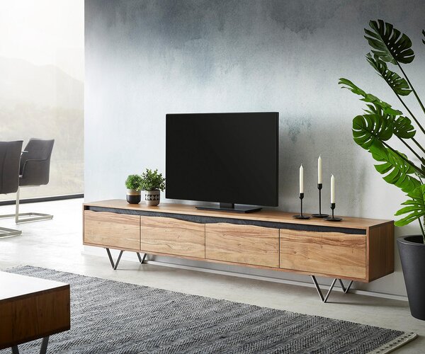 DELIFE TV stolek Stonegrace 220x35 cm akácie přírodní 4 dvířka s přírodní hranou