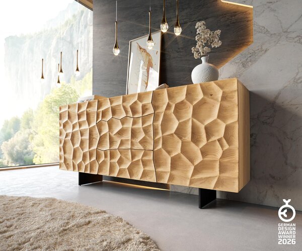 DELIFE Komoda Solu 175 cm dub přírodní 2 dvířka 3 zásuvky závěsná kov černá 3D čelo