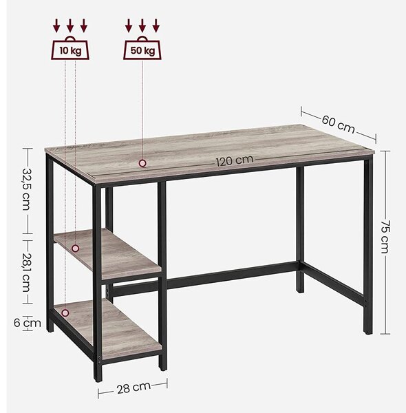 Psací stůl 120x60 cm, počítačový stůl se 2 policemi na levé nebo pravé straně, greige