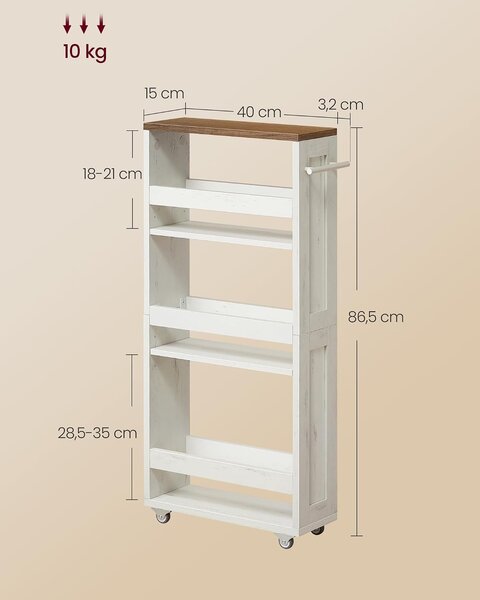 SONGMICS Pojízdný úzký kuchyňský regál Vasagle Hirno 40 cm bílý/hnědý