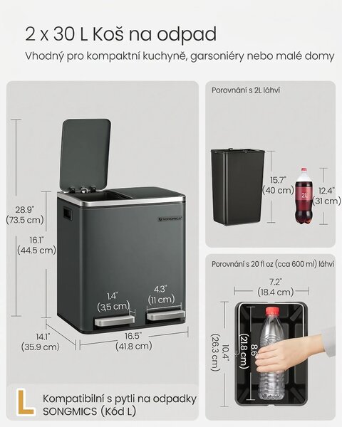 SONGMICS Odpadkový koš na tříděný odpad Bins 30 L antracit