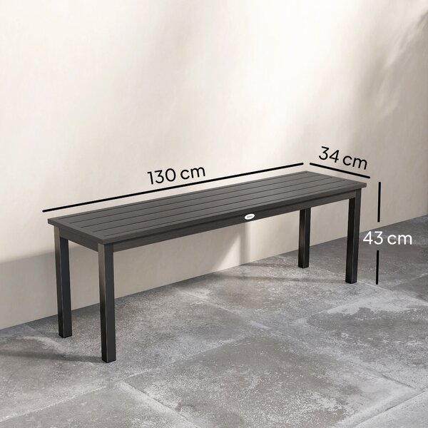 Outsunny kovová zahradní lavička pro 2 osoby, laťkované sedadlo v dřevěném vzhledu, bez opěradla — nosnost 240 kg, 130 x 34 x 43 cm, šedá | Aosom
