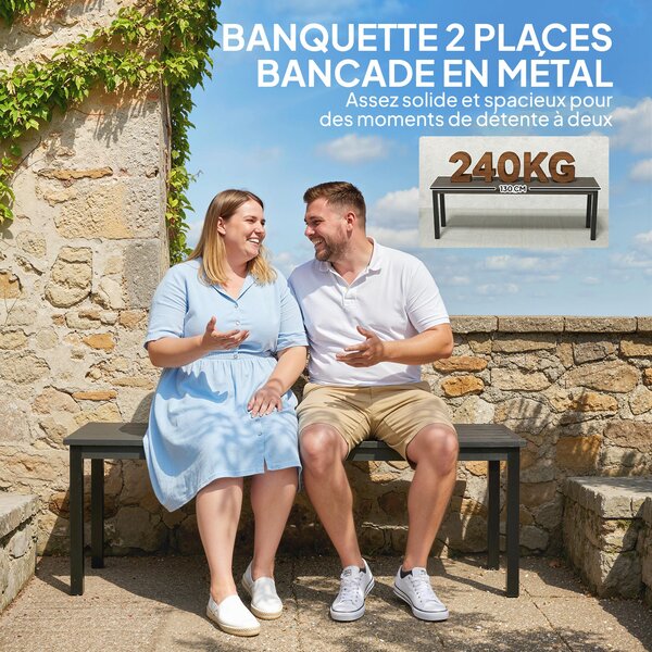 Outsunny kovová zahradní lavička pro 2 osoby, laťkované sedadlo v dřevěném vzhledu, bez opěradla — nosnost 240 kg, 130 x 34 x 43 cm, šedá | Aosom