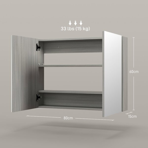 HOMCOM nástěnná zrcadlová skříňka do koupelny, 80×15×60 cm, dvoukřídlé dveře s nastavitelnými policemi, šedá | Aosom