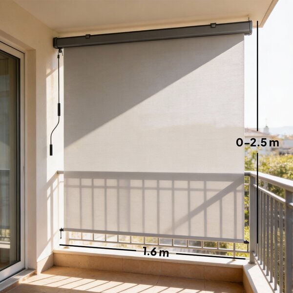 Outsunny bezšňůrová venkovní roletta, UPF50+ a voděodolné stínění pro terasu, balkon nebo altánek, 250 × 160 cm, krémová | Aosom
