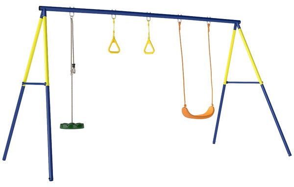 AIYAPLAY dětská houpačka 3 v 1 se stojací houpačkou a gymnastickými kruhy, ocelový A-rám, dvojitá houpačka, nosnost 150 kg, venkovní, 3–8 let, 285 × 1
