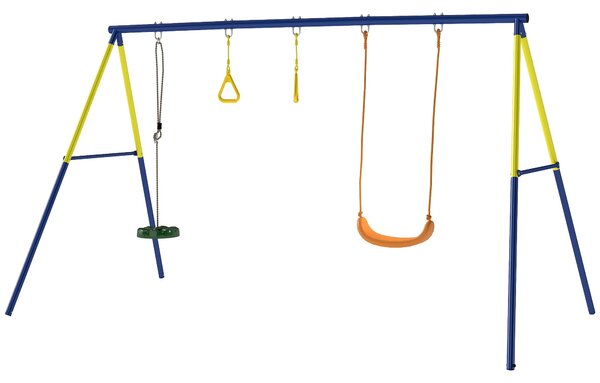 AIYAPLAY dětská houpačka 3 v 1 se stojací houpačkou a gymnastickými kruhy, ocelový A-rám, dvojitá houpačka, nosnost 150 kg, venkovní, 3–8 let, 285 × 1