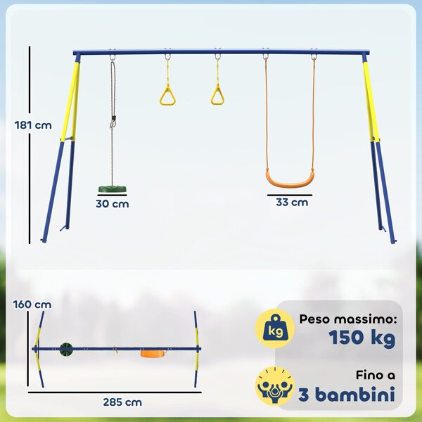 AIYAPLAY dětská houpačka 3 v 1 se stojací houpačkou a gymnastickými kruhy, ocelový A-rám, dvojitá houpačka, nosnost 150 kg, venkovní, 3–8 let, 285 × 1