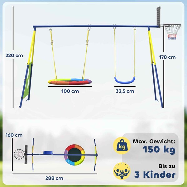 AIYAPLAY dětská houpačka 4v1 – ocelový A‑rám, hnízdová houpačka, sedátko, basketbal a fotbal, nastavitelné lana, 288 × 160 × 220 cm | Aosom