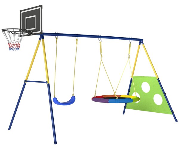 AIYAPLAY dětská houpačka 4v1 – ocelový A‑rám, hnízdová houpačka, sedátko, basketbal a fotbal, nastavitelné lana, 288 × 160 × 220 cm | Aosom