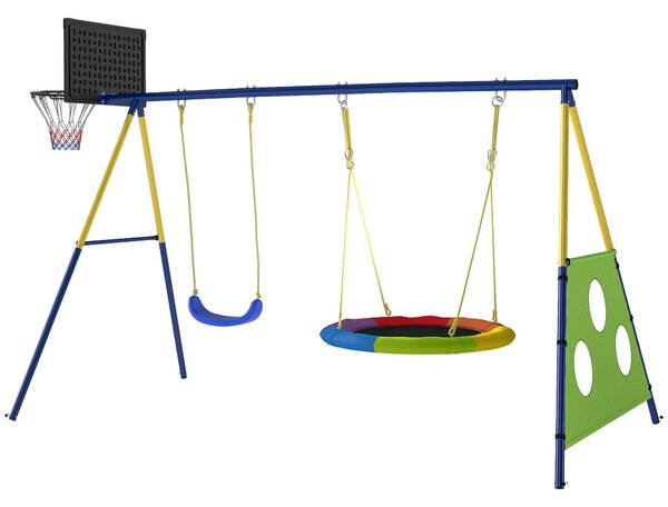 AIYAPLAY dětská houpačka 4v1 – ocelový A‑rám, hnízdová houpačka, sedátko, basketbal a fotbal, nastavitelné lana, 288 × 160 × 220 cm | Aosom