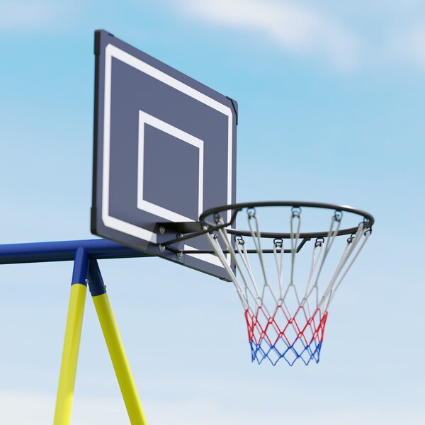 AIYAPLAY dětská houpačka 4v1 – ocelový A‑rám, hnízdová houpačka, sedátko, basketbal a fotbal, nastavitelné lana, 288 × 160 × 220 cm | Aosom