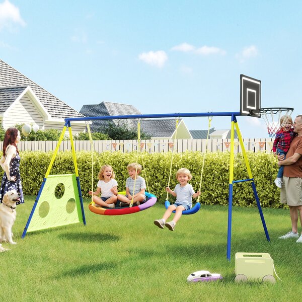 AIYAPLAY dětská houpačka 4v1 – ocelový A‑rám, hnízdová houpačka, sedátko, basketbal a fotbal, nastavitelné lana, 288 × 160 × 220 cm | Aosom