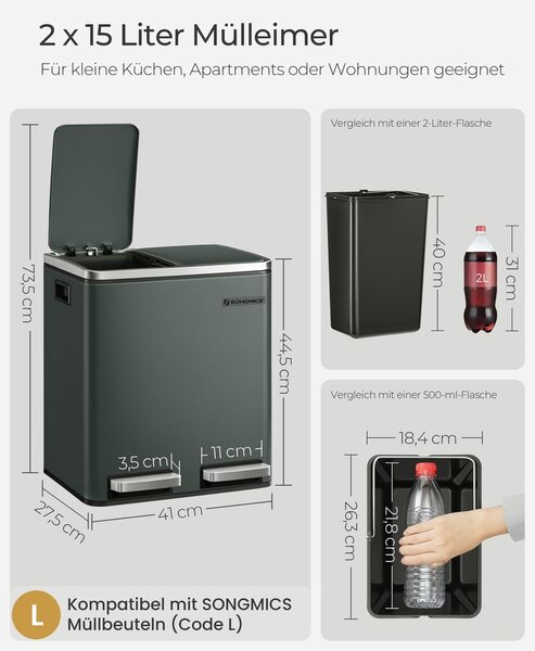 SONGMICS Odpadkový koš na tříděný odpad 2 x 15 l šedá