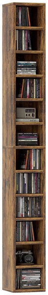 HOMCOM stojan na CD/DVD, vysoký regál se 12 přihrádkami, pojme až 204 disků, rustikální hnědá — 175 × 21 × 20 cm | Aosom