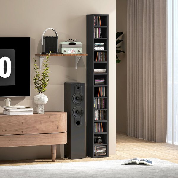 HOMCOM sloupový regál na CD a DVD, 12 přihrádek, pojme až 204 disků, 21 × 20 × 175 cm, černý | Aosom