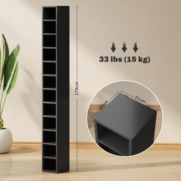 HOMCOM sloupový regál na CD a DVD, 12 přihrádek, pojme až 204 disků, 21 × 20 × 175 cm, černý | Aosom
