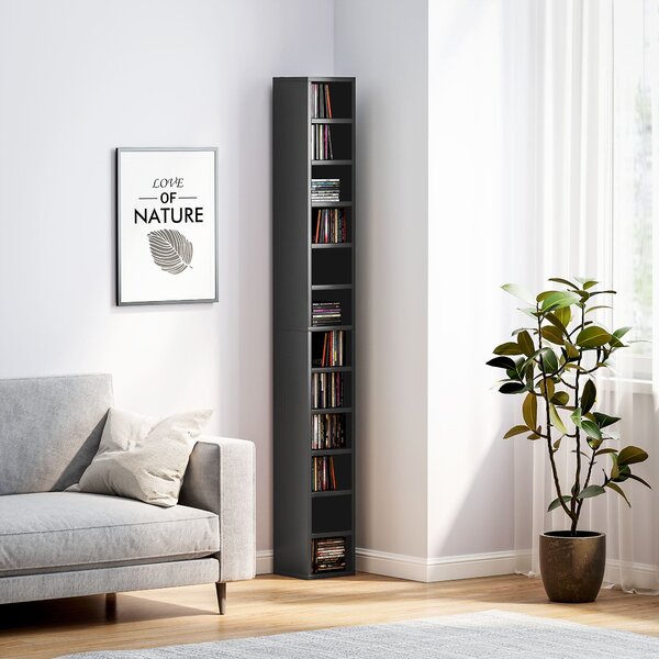 HOMCOM sloupový regál na CD a DVD, 12 přihrádek, pojme až 204 disků, 21 × 20 × 175 cm, černý | Aosom