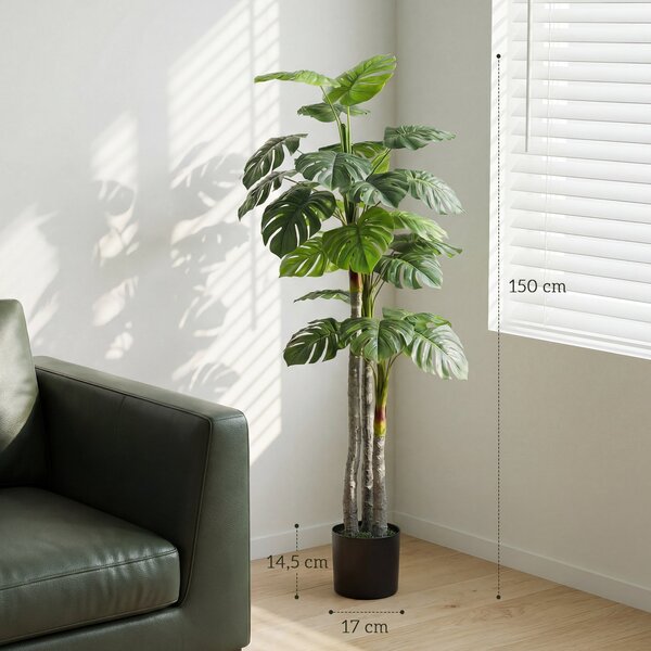 HOMCOM Umělá monstera 150 cm — realistický kmen a větve, 20 velkých listů, včetně květináče | Aosom