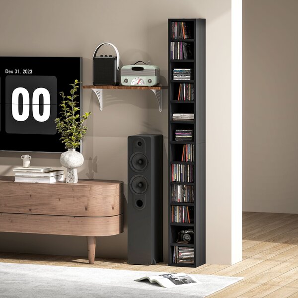 HOMCOM sloupový regál na CD a DVD, 12 přihrádek, pojme až 204 disků, 21 × 20 × 175 cm, černý | Aosom