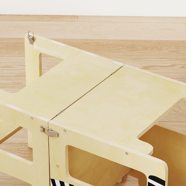 AIYAPLAY učící věž 3v1 — přeměnitelná na stolík a židli, pomocná stolička pro děti 2–5 let s tabulí, motiv kočky, přírodní | Aosom