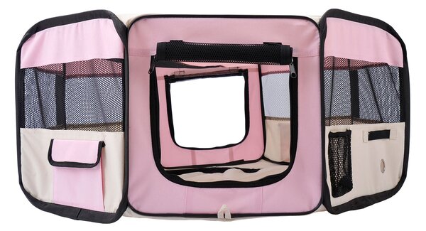 PawHut skládací ohrádka pro psy a kočky — přenosná osmihranná ohrádka Ø90 x 41 cm, 600D voděodolný Oxford, 2 zip dveře — růžová | Aosom