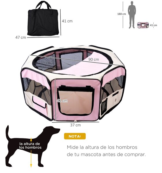 PawHut skládací ohrádka pro psy a kočky — přenosná osmihranná ohrádka Ø90 x 41 cm, 600D voděodolný Oxford, 2 zip dveře — růžová | Aosom