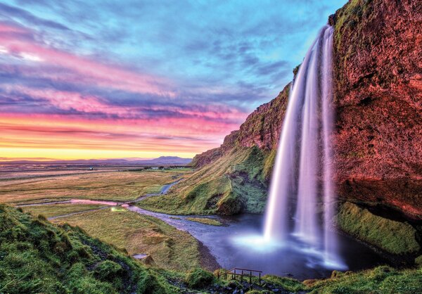 Postershop Fototapeta vliesová: Seljalandsfoss Vodopád Při Západu Slunce, Island - 416x254 cm